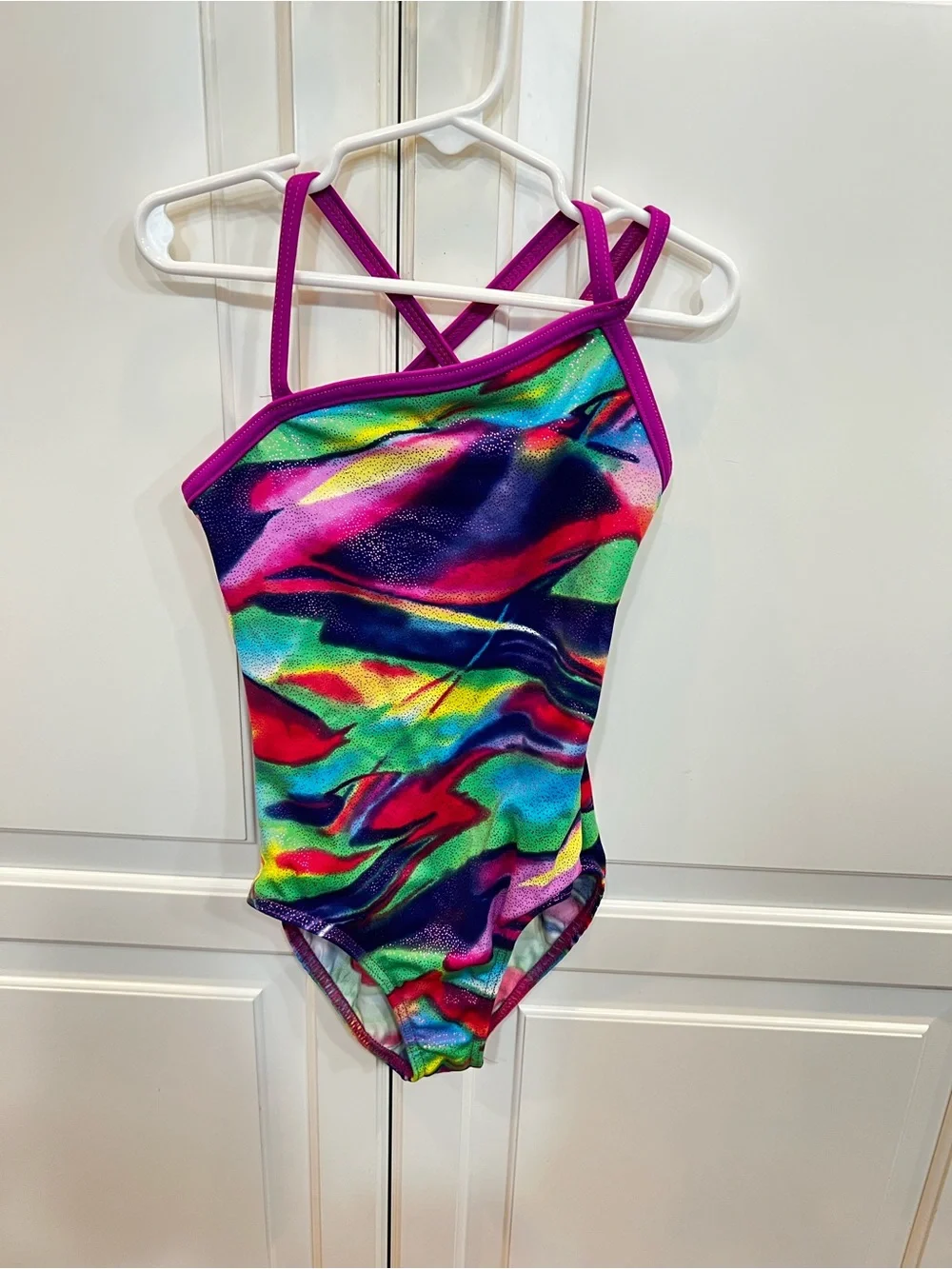 Large Child Weissman Multi Color Shimmer Criss Cross Strap Leotard